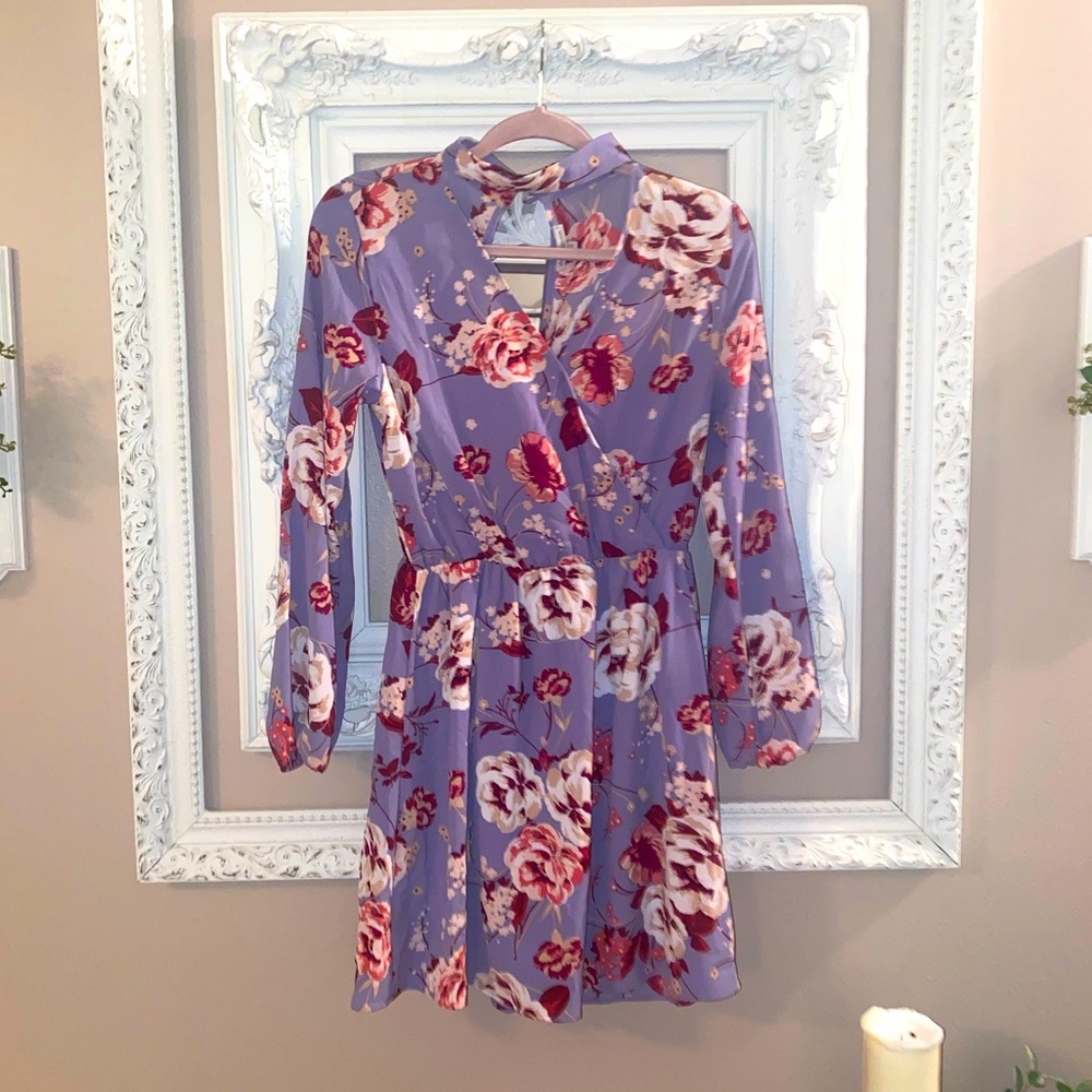 CHARLOTTE RUSSE LAVENDER FLORAL LONG-SLEEVE DRESS